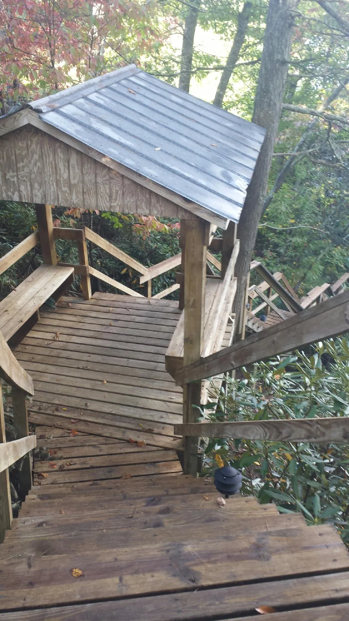 Metal roofed shelter over wooden steps on a wooded walkway — Skylight Repair & Installation work by our crew in Clifford